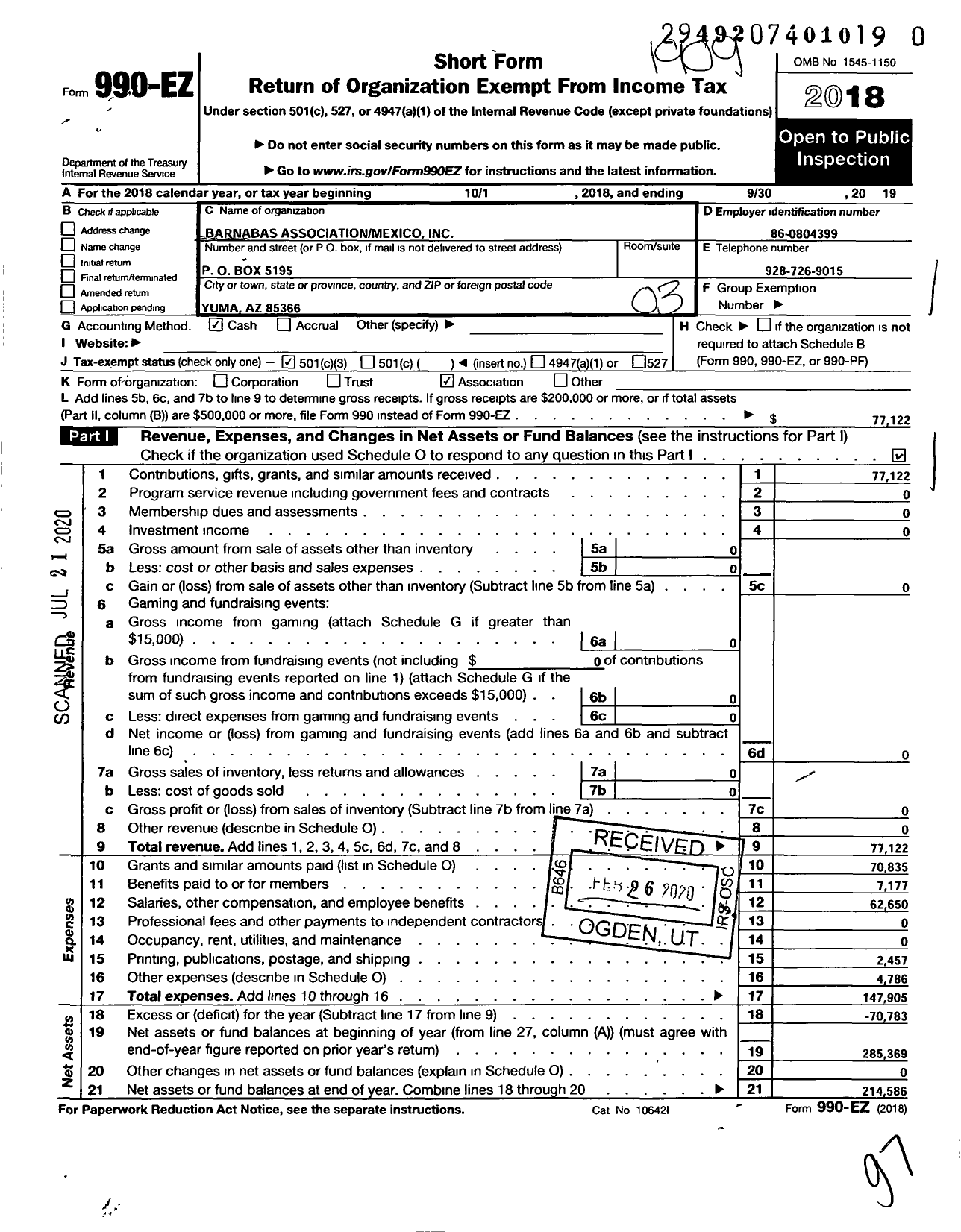 Image of first page of 2018 Form 990EZ for Barnabas Association Mexico