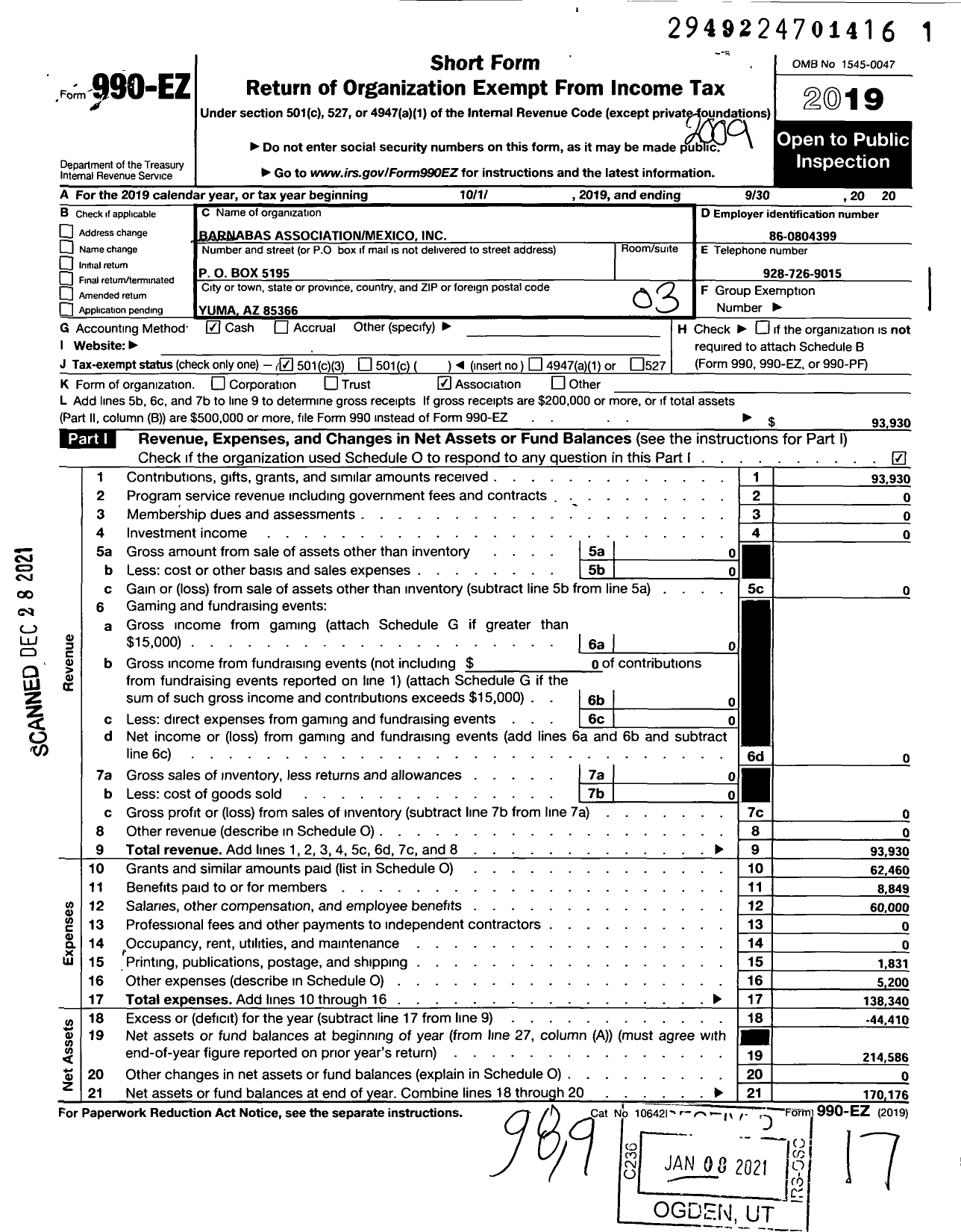 Image of first page of 2019 Form 990EZ for Barnabas Association Mexico