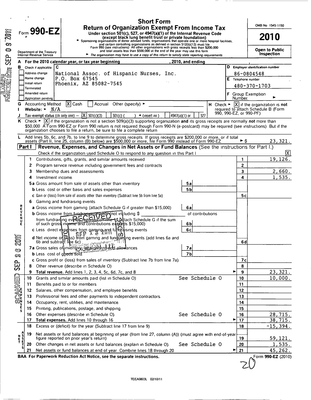 Image of first page of 2010 Form 990EZ for National Association of Hispanic Nurses / Phoenix Chapter