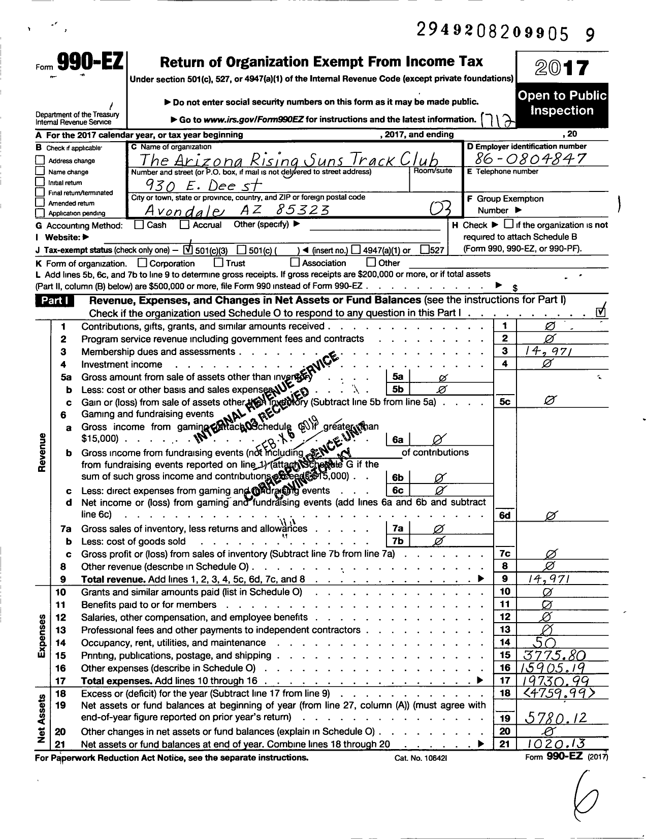 Image of first page of 2017 Form 990EZ for The Arizona Rising Suns Track Club