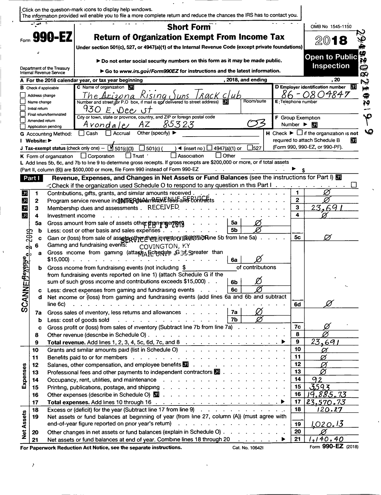 Image of first page of 2018 Form 990EZ for The Arizona Rising Suns Track Club