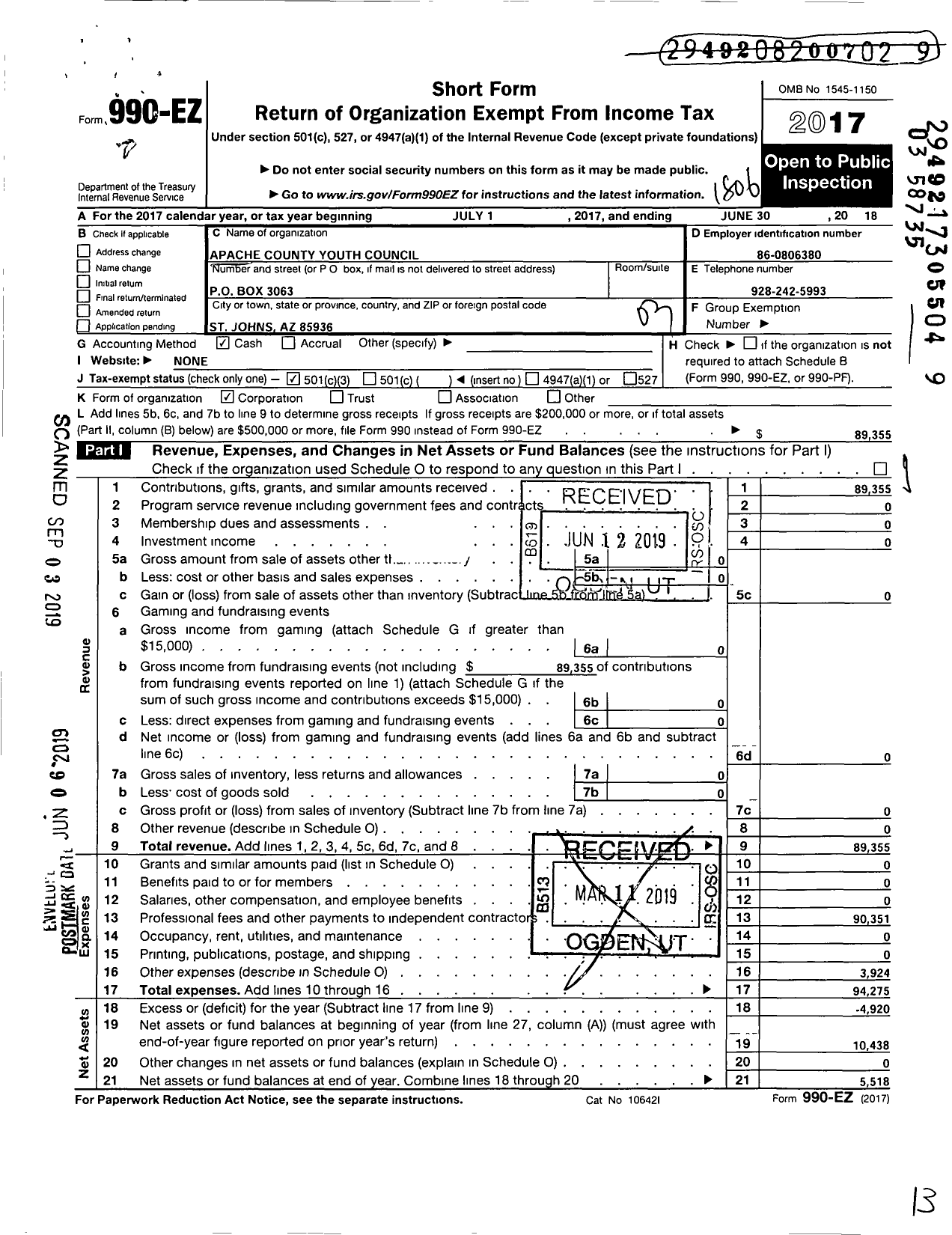 Image of first page of 2017 Form 990EZ for Apache County Youth Council