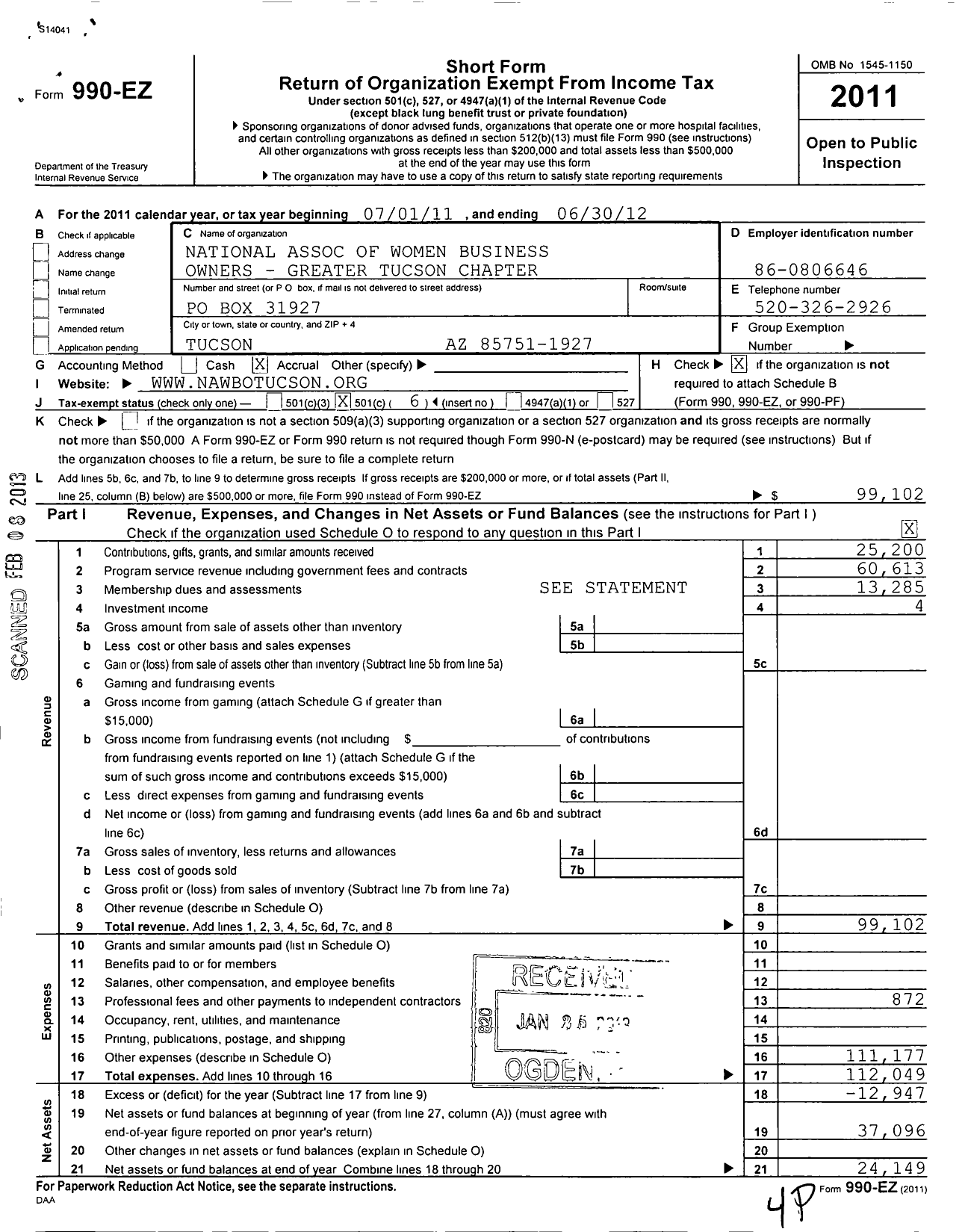 Image of first page of 2011 Form 990EO for National Association of Women Business Owners Greater Tucson