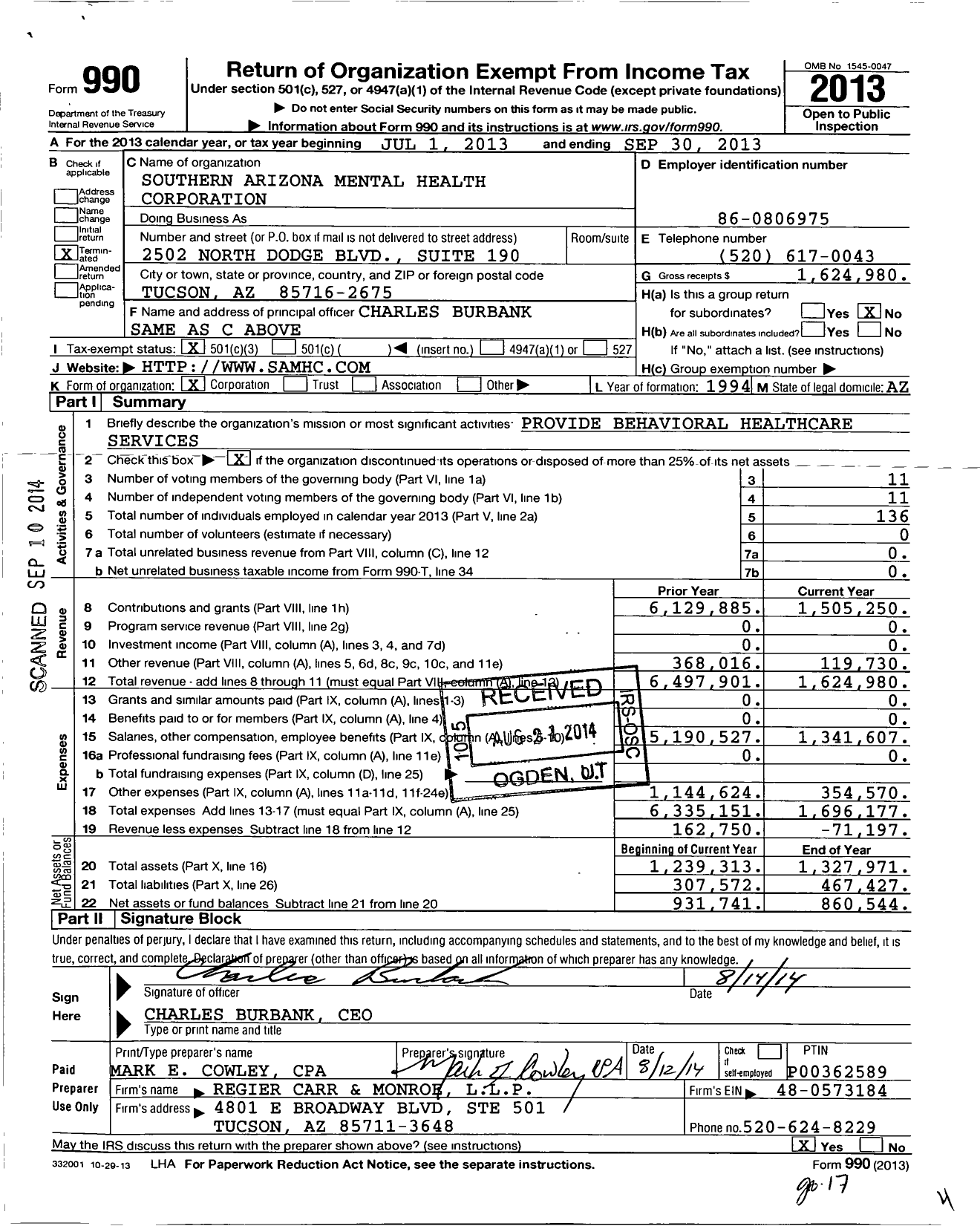 Image of first page of 2012 Form 990 for Southern Arizona Mental Health Corporation