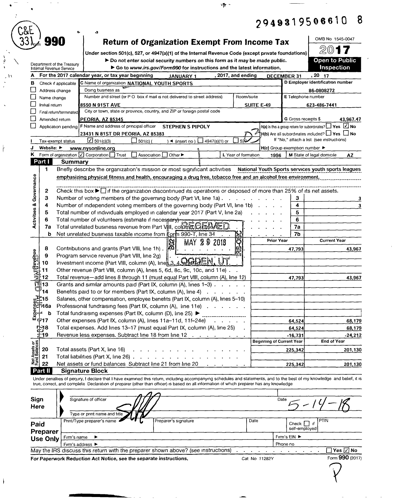 Image of first page of 2017 Form 990 for National Youth Sports