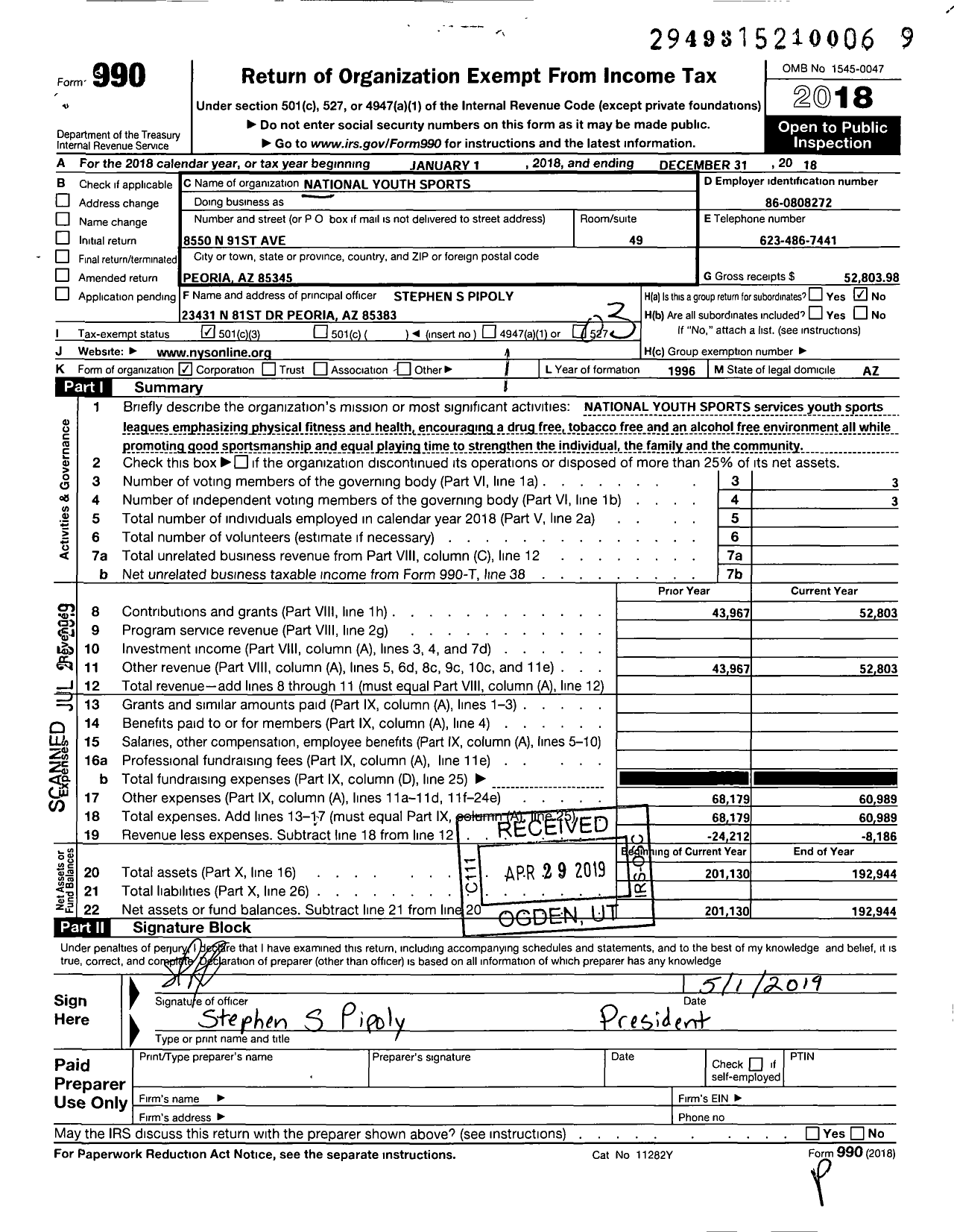 Image of first page of 2018 Form 990 for National Youth Sports