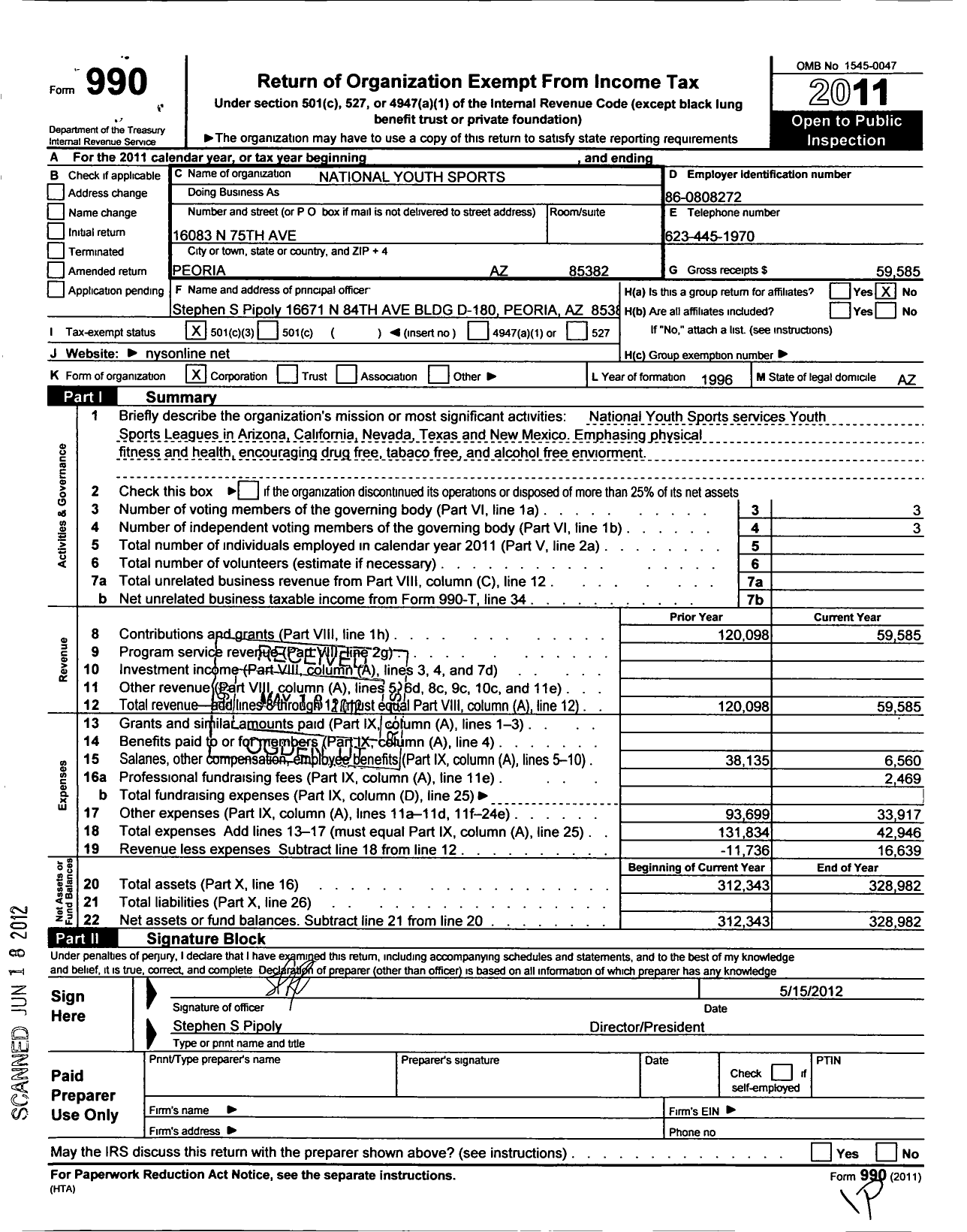 Image of first page of 2011 Form 990 for National Youth Sports