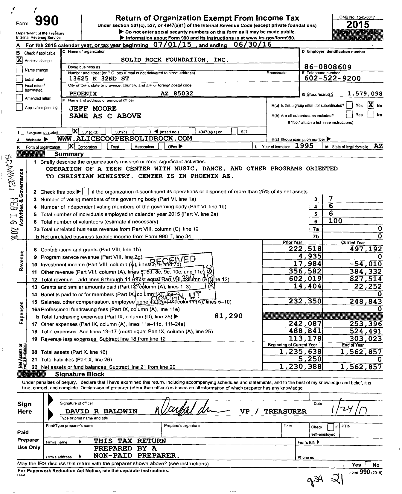 Image of first page of 2015 Form 990 for Solid Rock Foundation