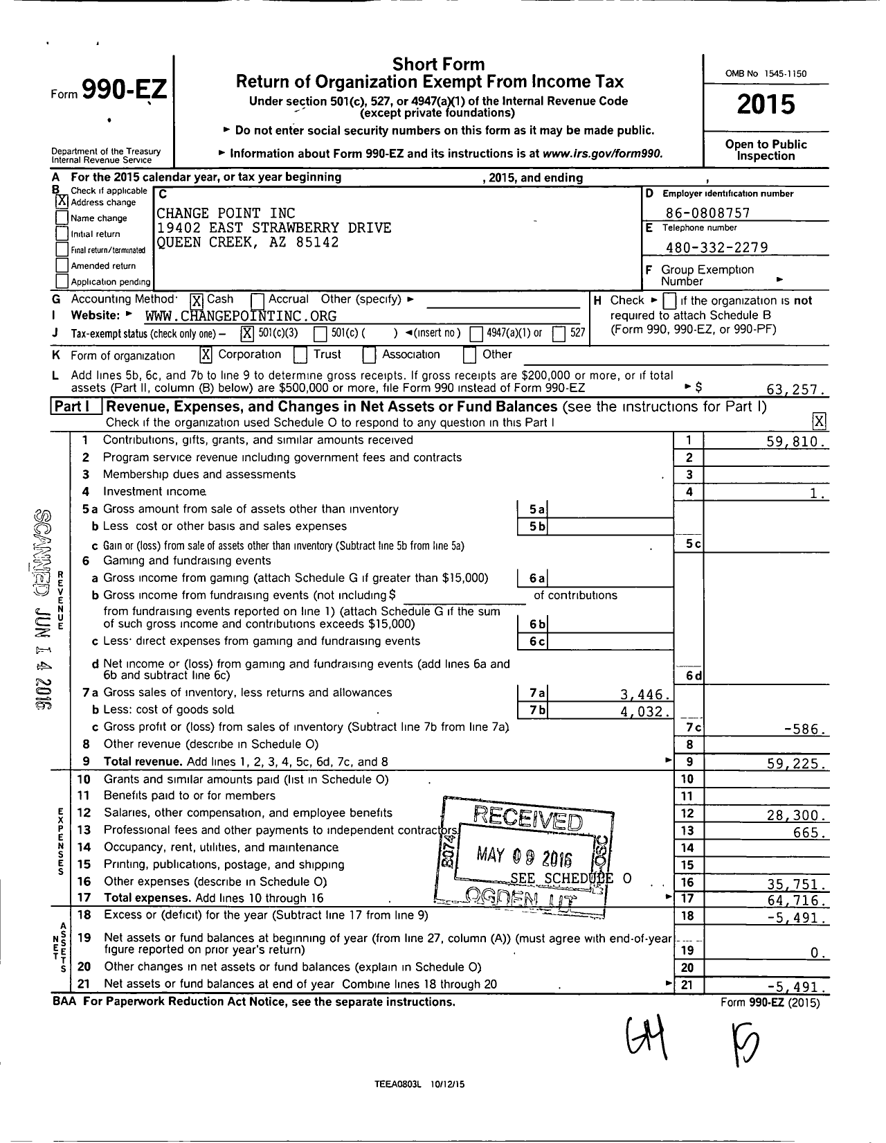 Image of first page of 2015 Form 990EZ for Changepoint