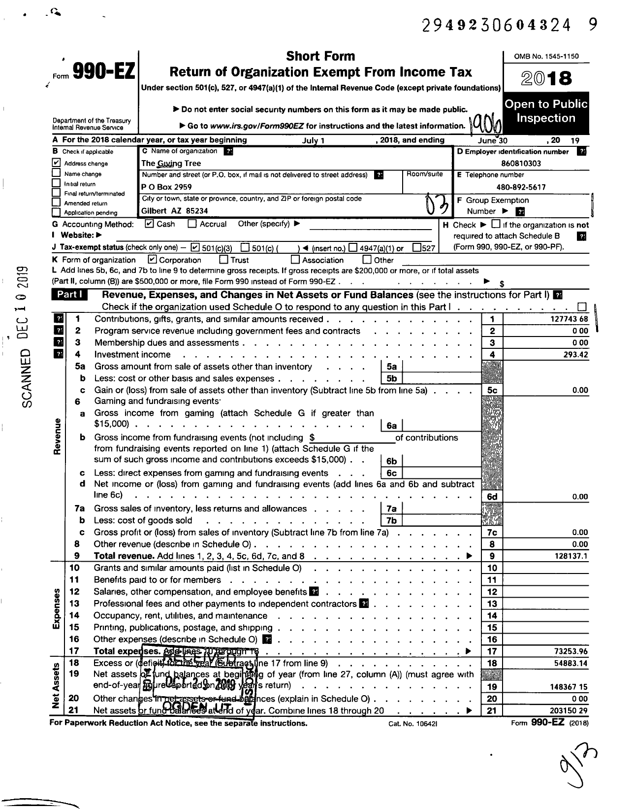 Image of first page of 2018 Form 990EZ for The Giving Tree / Little House Thrift Shop