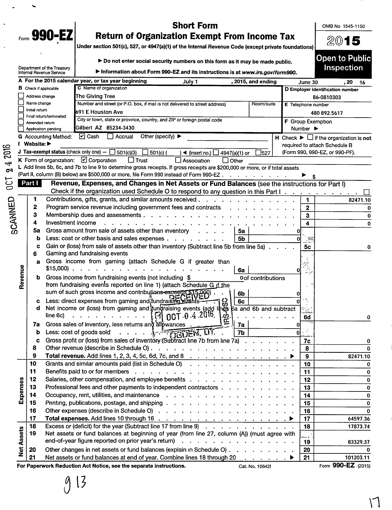 Image of first page of 2015 Form 990EO for The Giving Tree / Little House Thrift Shop