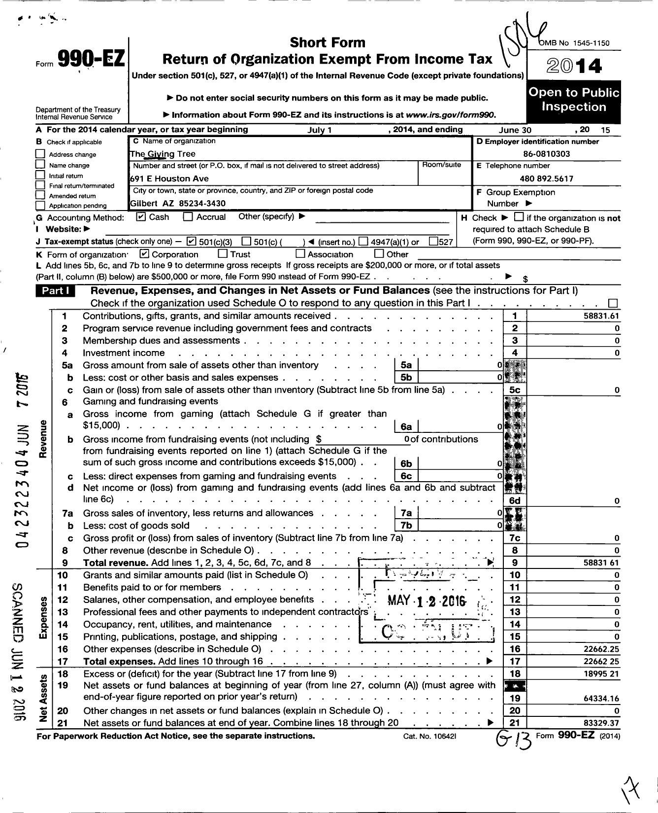 Image of first page of 2014 Form 990EZ for The Giving Tree / Little House Thrift Shop