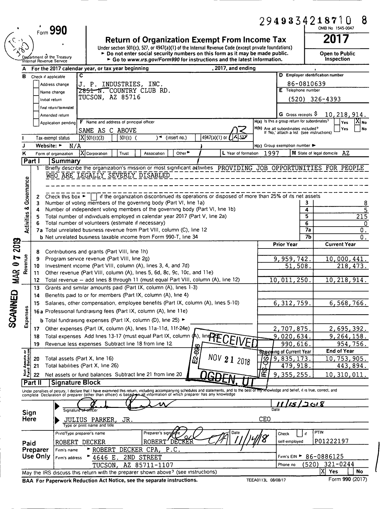 Image of first page of 2017 Form 990 for J P Industries