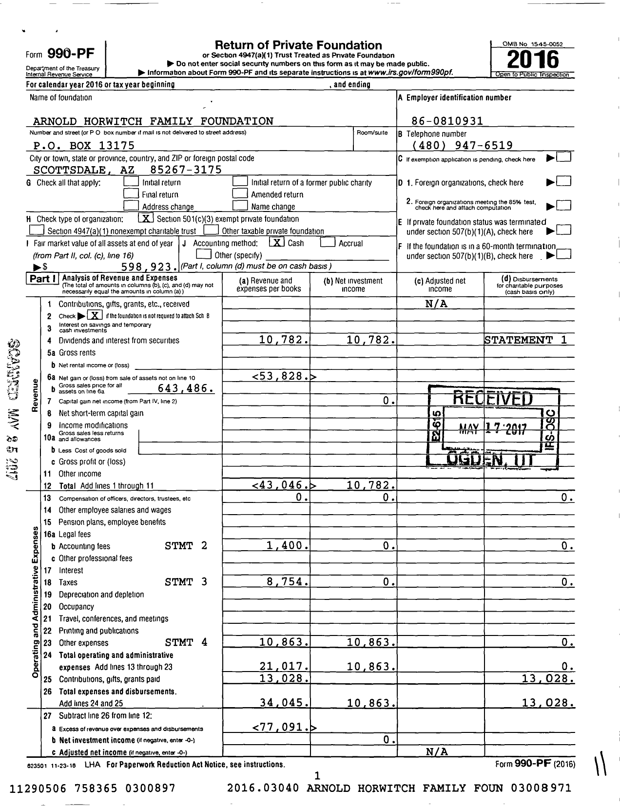 Image of first page of 2016 Form 990PF for Arnold Horwitch Family Foundation