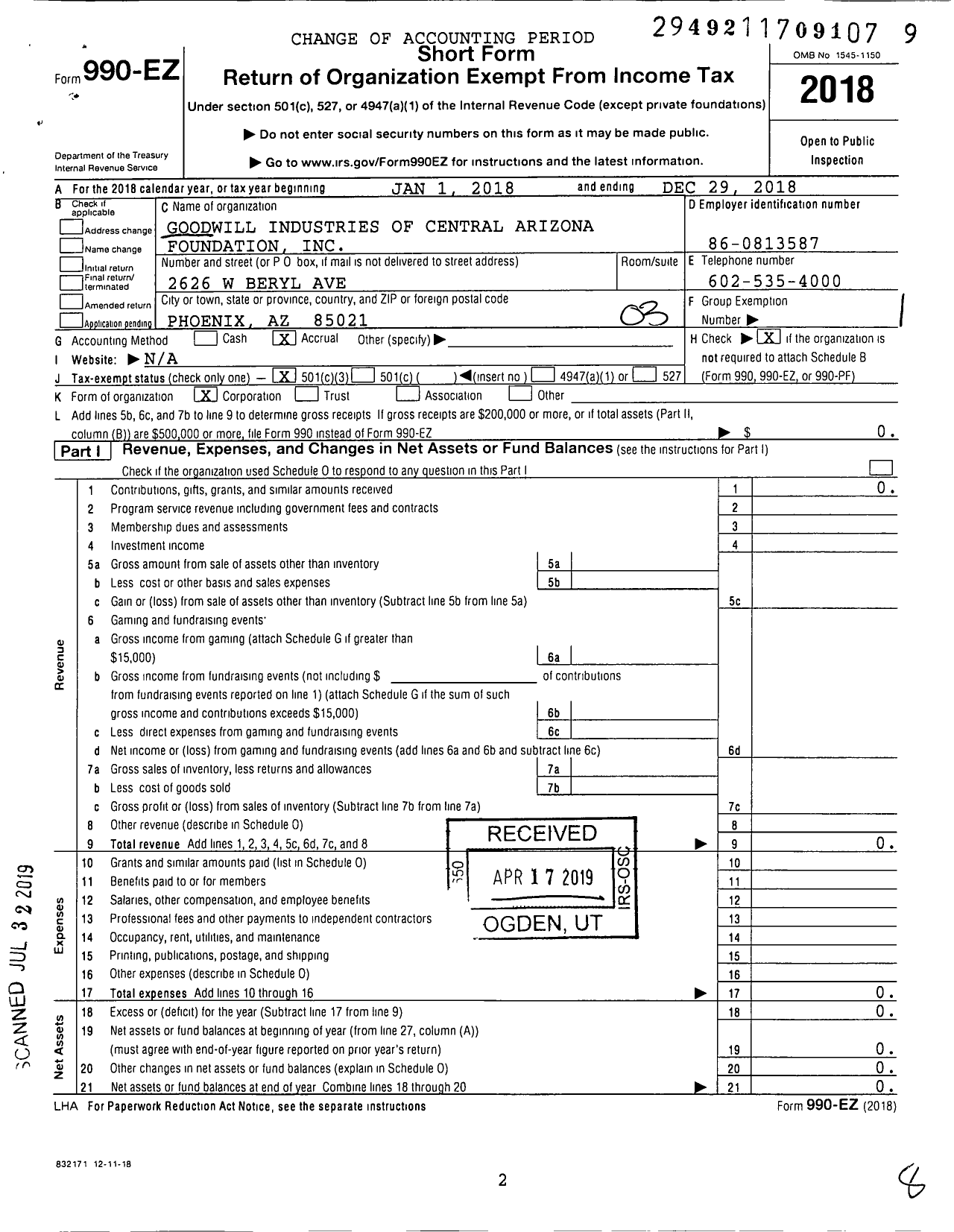 Image of first page of 2018 Form 990EZ for Goodwill of Central and Northern Arizona Foundation