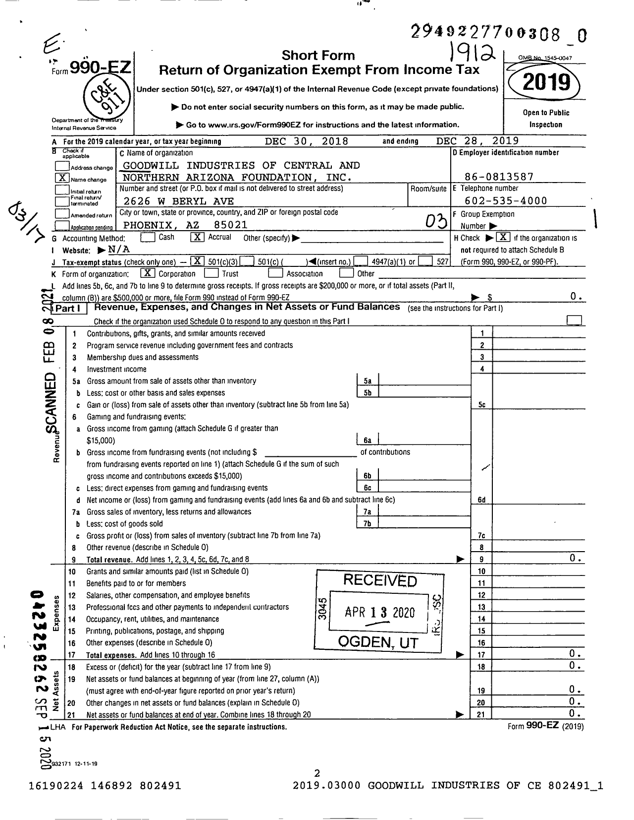 Image of first page of 2019 Form 990EZ for Goodwill of Central and Northern Arizona Foundation