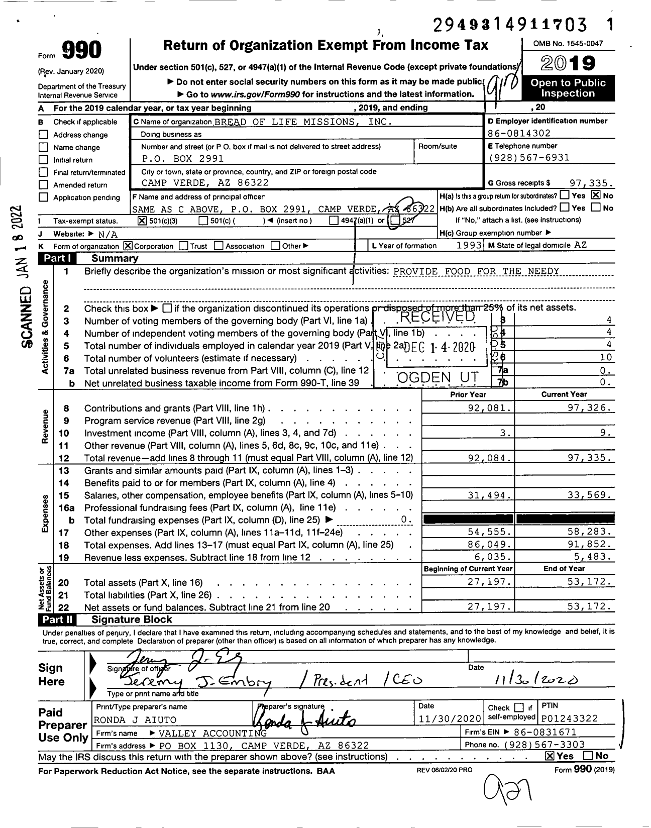 Image of first page of 2019 Form 990 for Bread of Life Missions