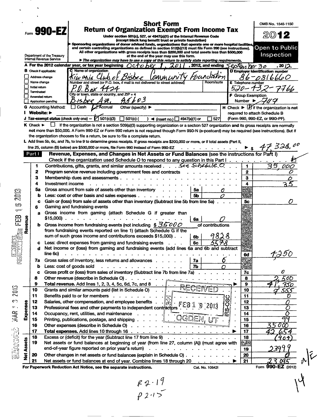 Image of first page of 2011 Form 990EZ for Southwest District Kiwanis Foundation / Bisbee Community Welfare