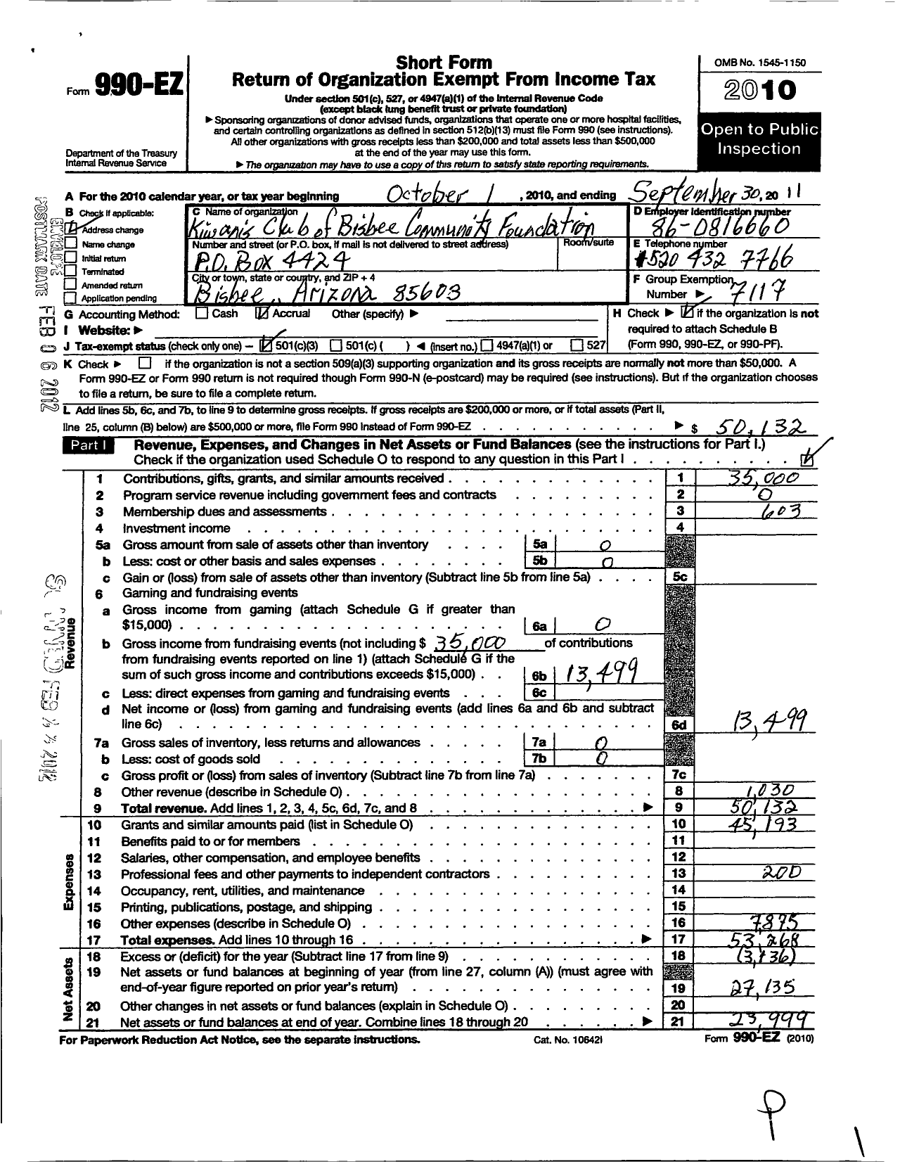 Image of first page of 2010 Form 990EZ for Southwest District Kiwanis Foundation / Bisbee Community Welfare