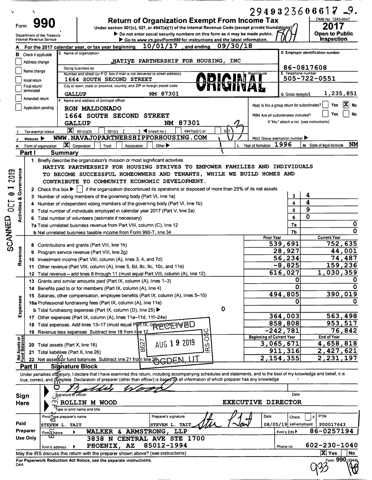 Image of first page of 2017 Form 990 for Native Partnership for Housing