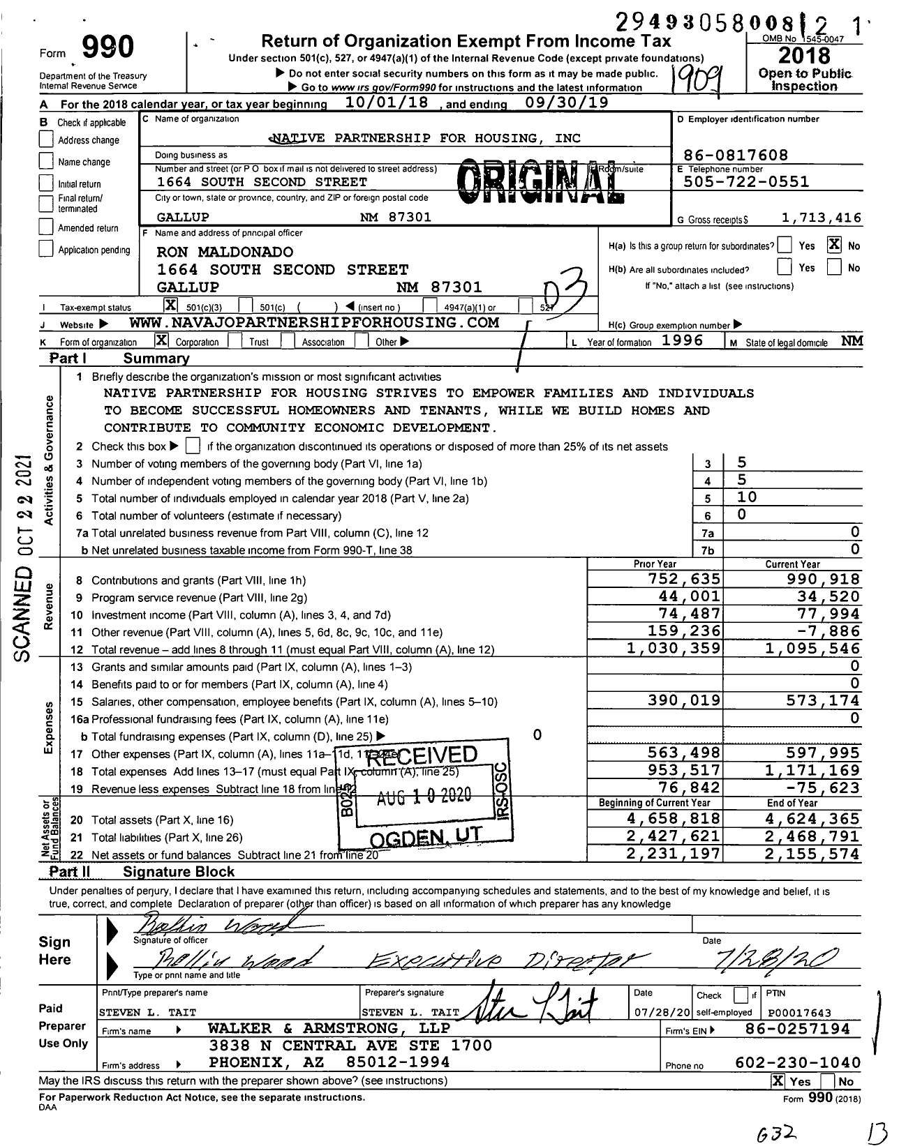 Image of first page of 2018 Form 990 for Native Partnership for Housing