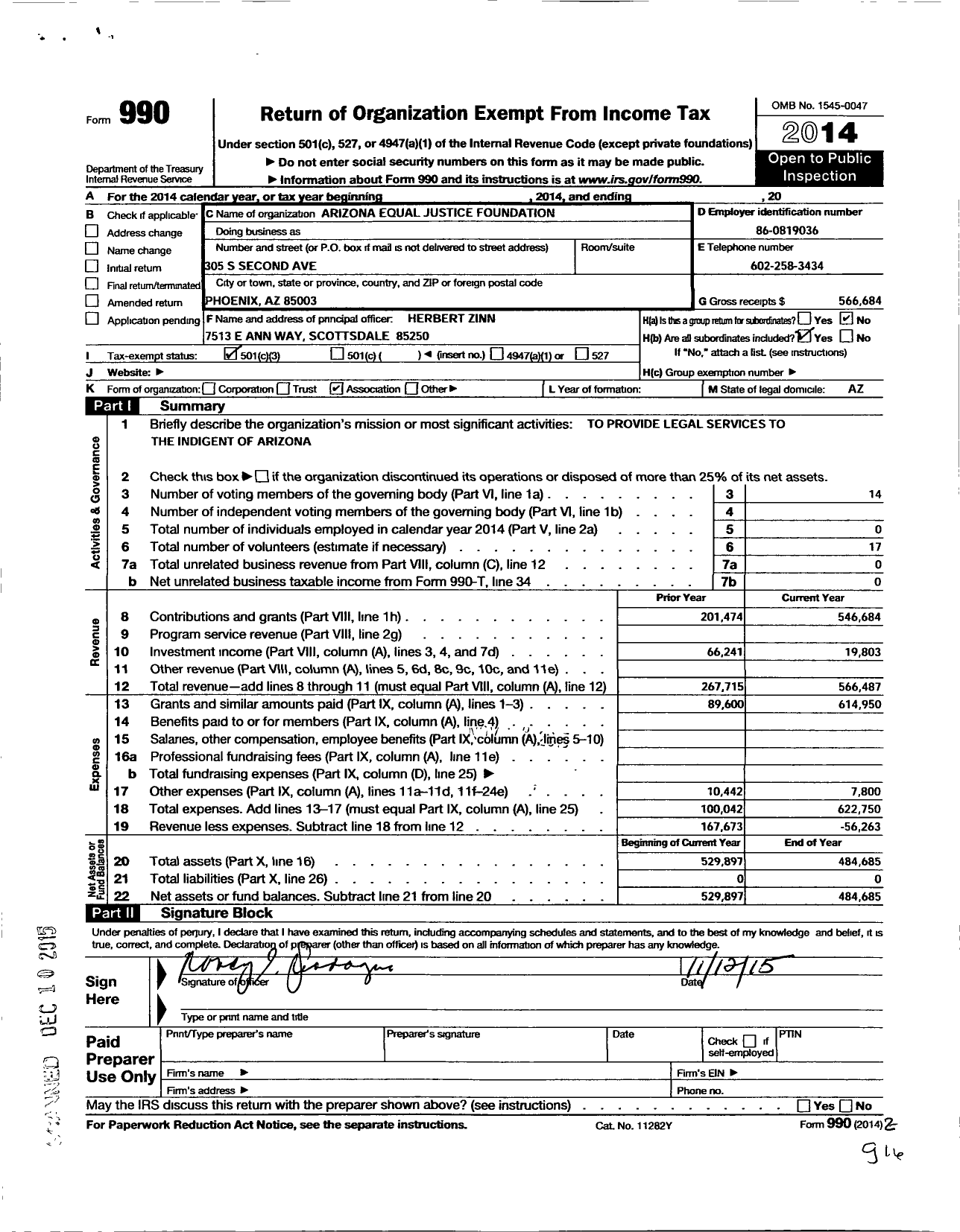 Image of first page of 2014 Form 990 for Arizona Equal Justice Foundation