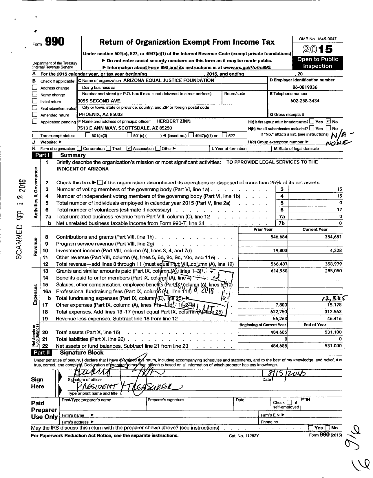 Image of first page of 2015 Form 990O for Arizona Equal Justice Foundation