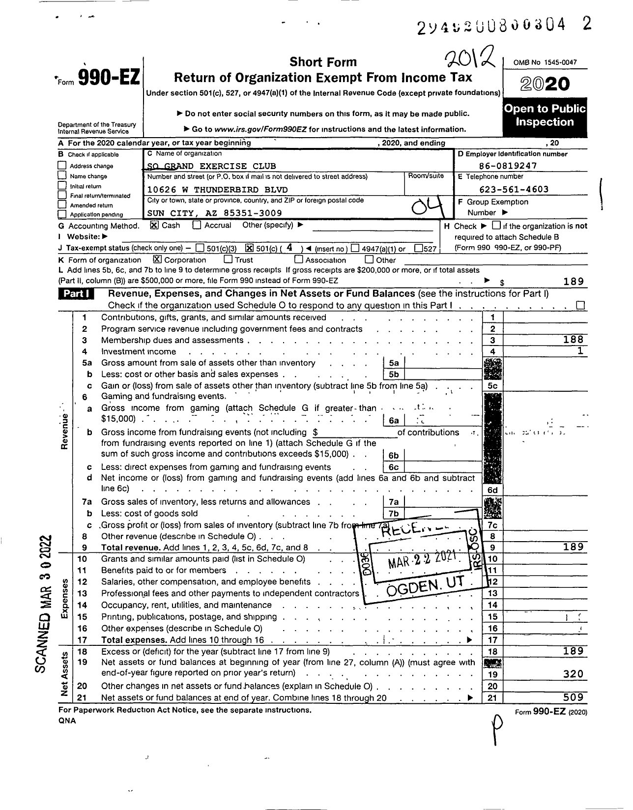 Image of first page of 2020 Form 990EO for Recreation Centers of Sun City / So-Grand Exercise