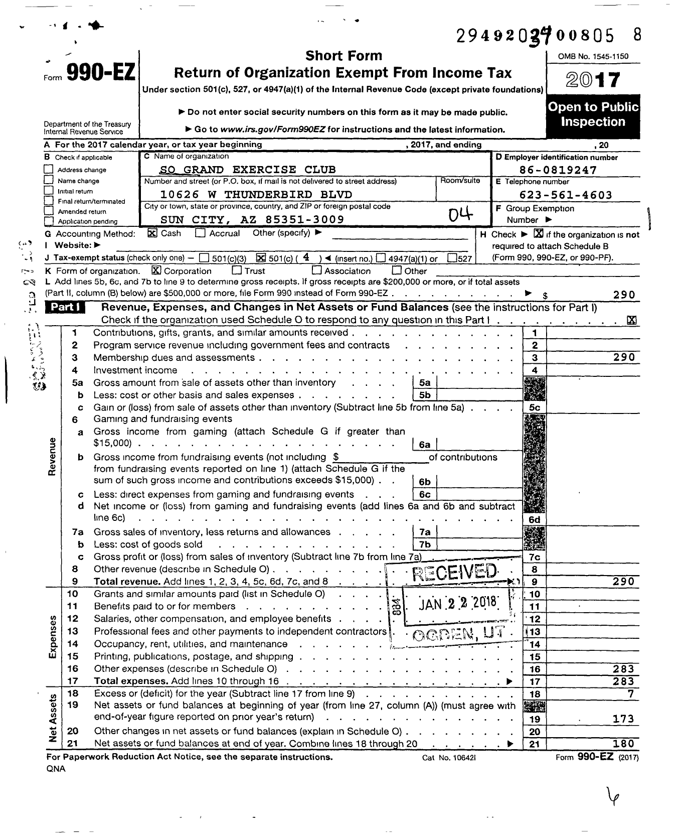 Image of first page of 2017 Form 990EO for Recreation Centers of Sun City / So-Grand Exercise