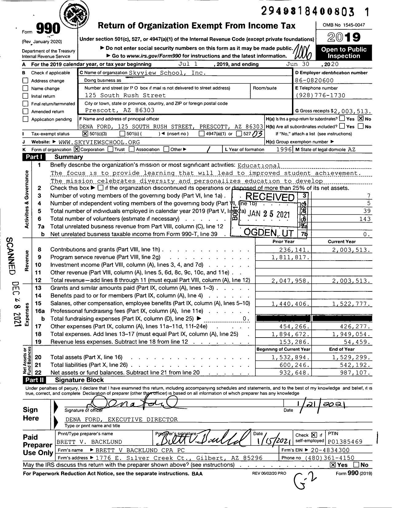 Image of first page of 2019 Form 990 for Skyview School