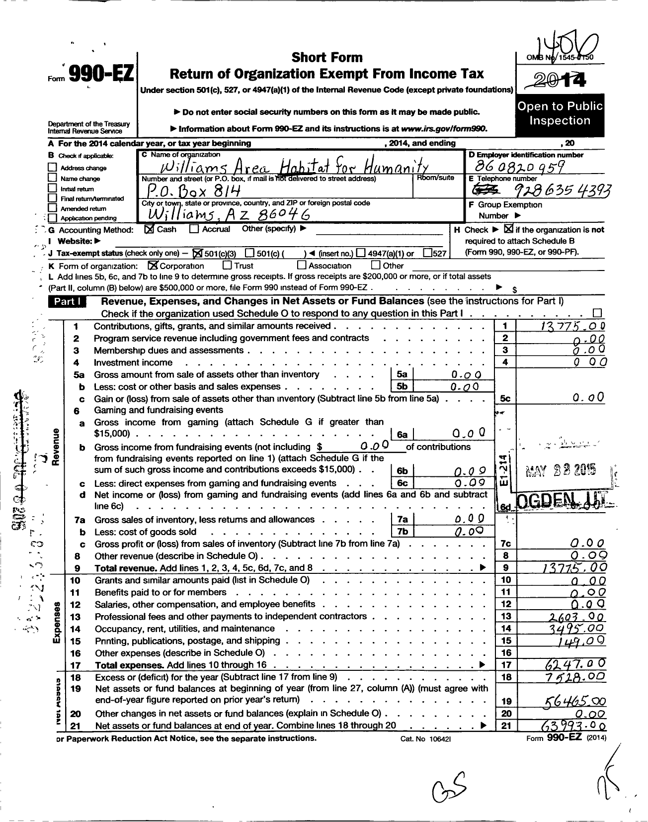 Image of first page of 2013 Form 990EZ for Habitat for Humanity - Williams Area HFH