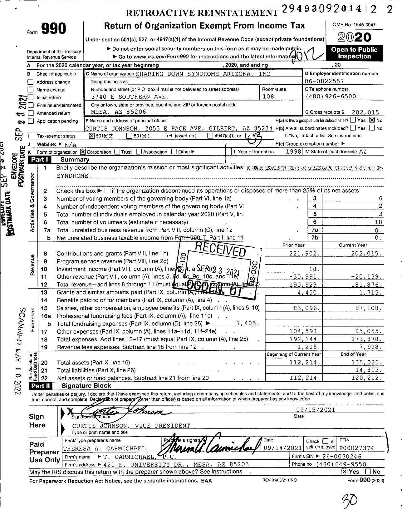 Image of first page of 2020 Form 990 for Sharing Down Syndrome Arizona