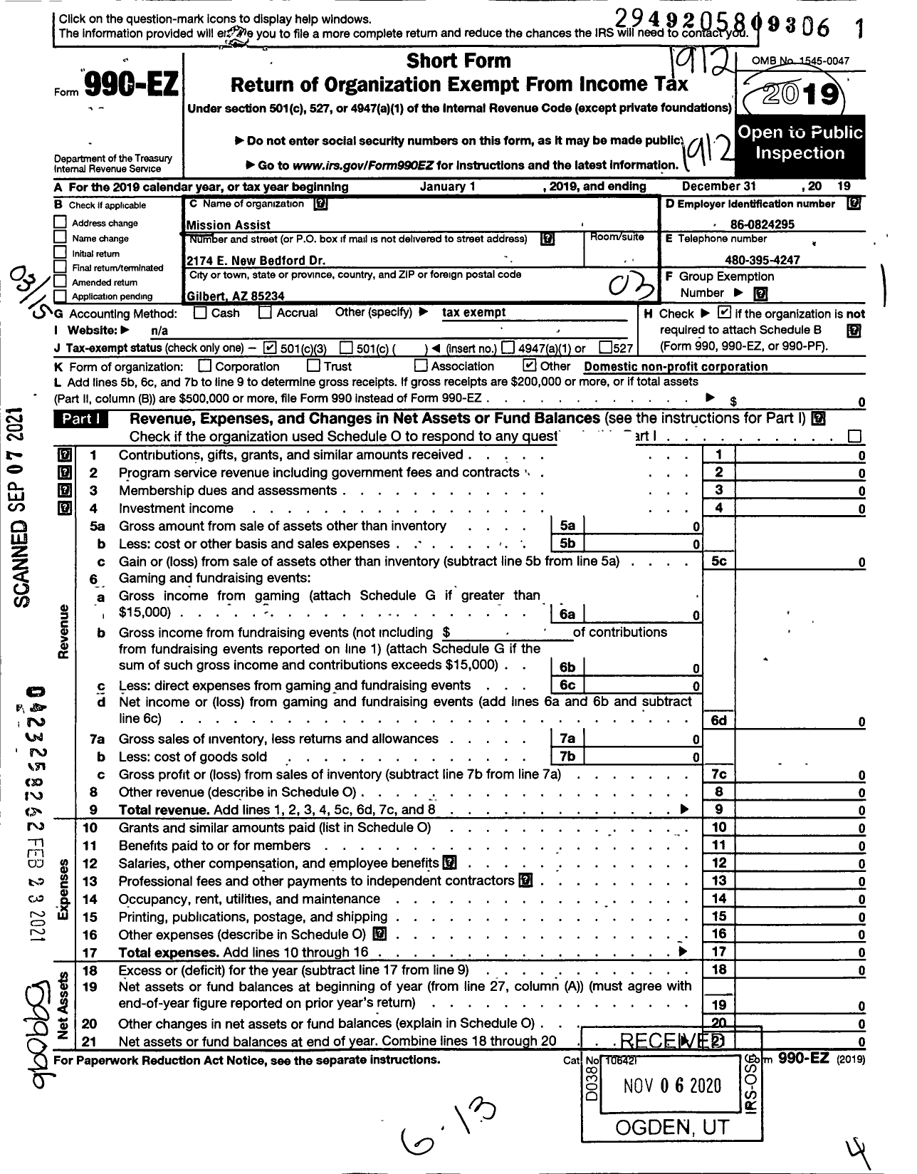 Image of first page of 2019 Form 990EZ for Mission Assist