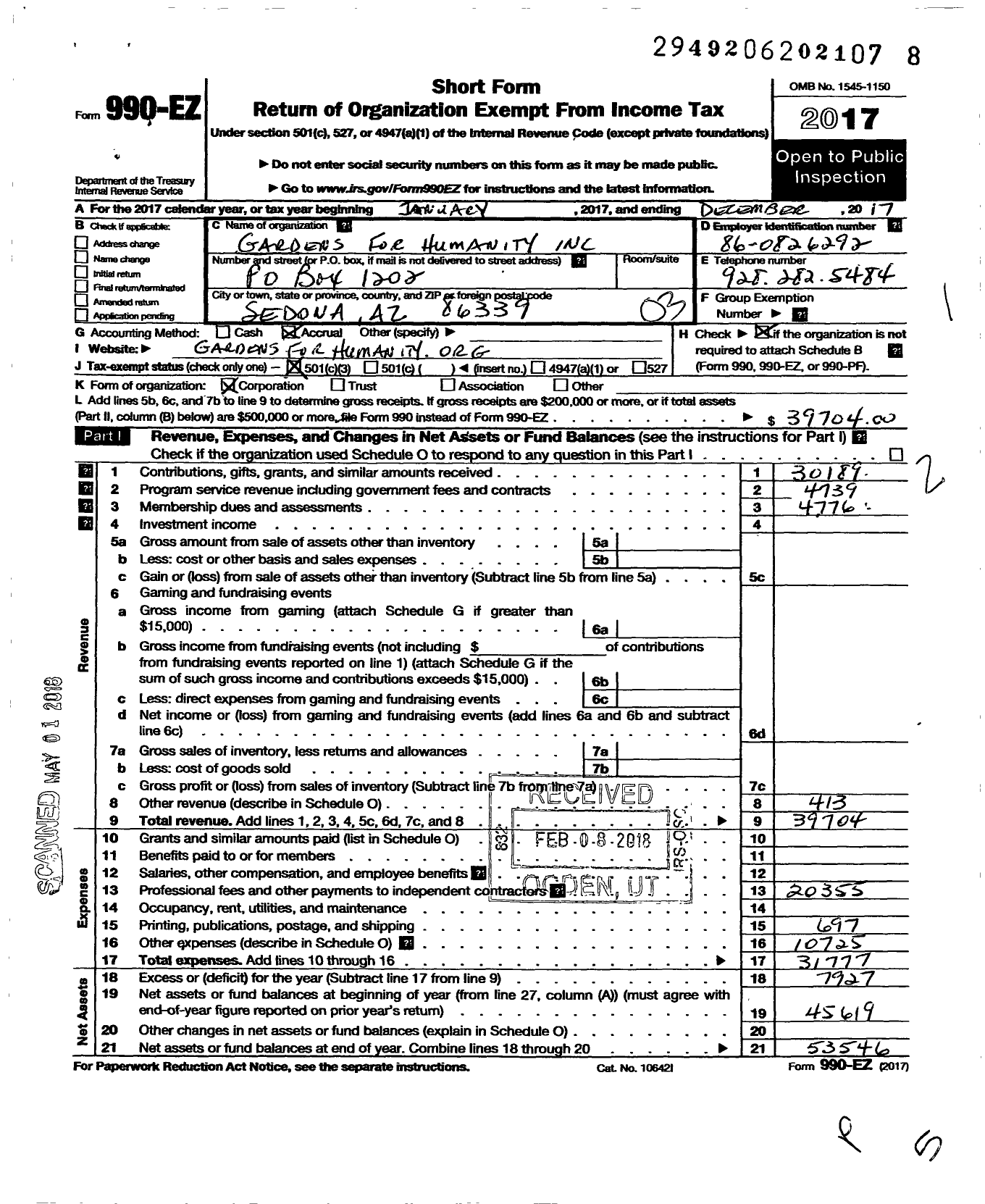 Image of first page of 2017 Form 990EZ for Gardens for Humanity