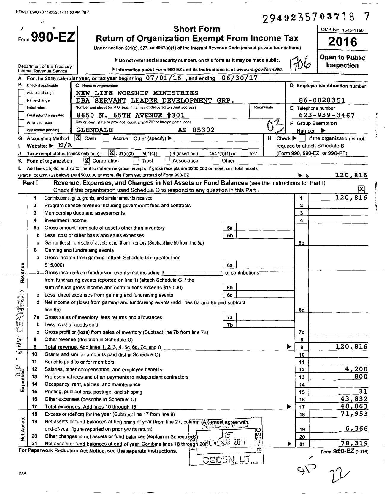 Image of first page of 2016 Form 990EZ for Servant Leader Development Group