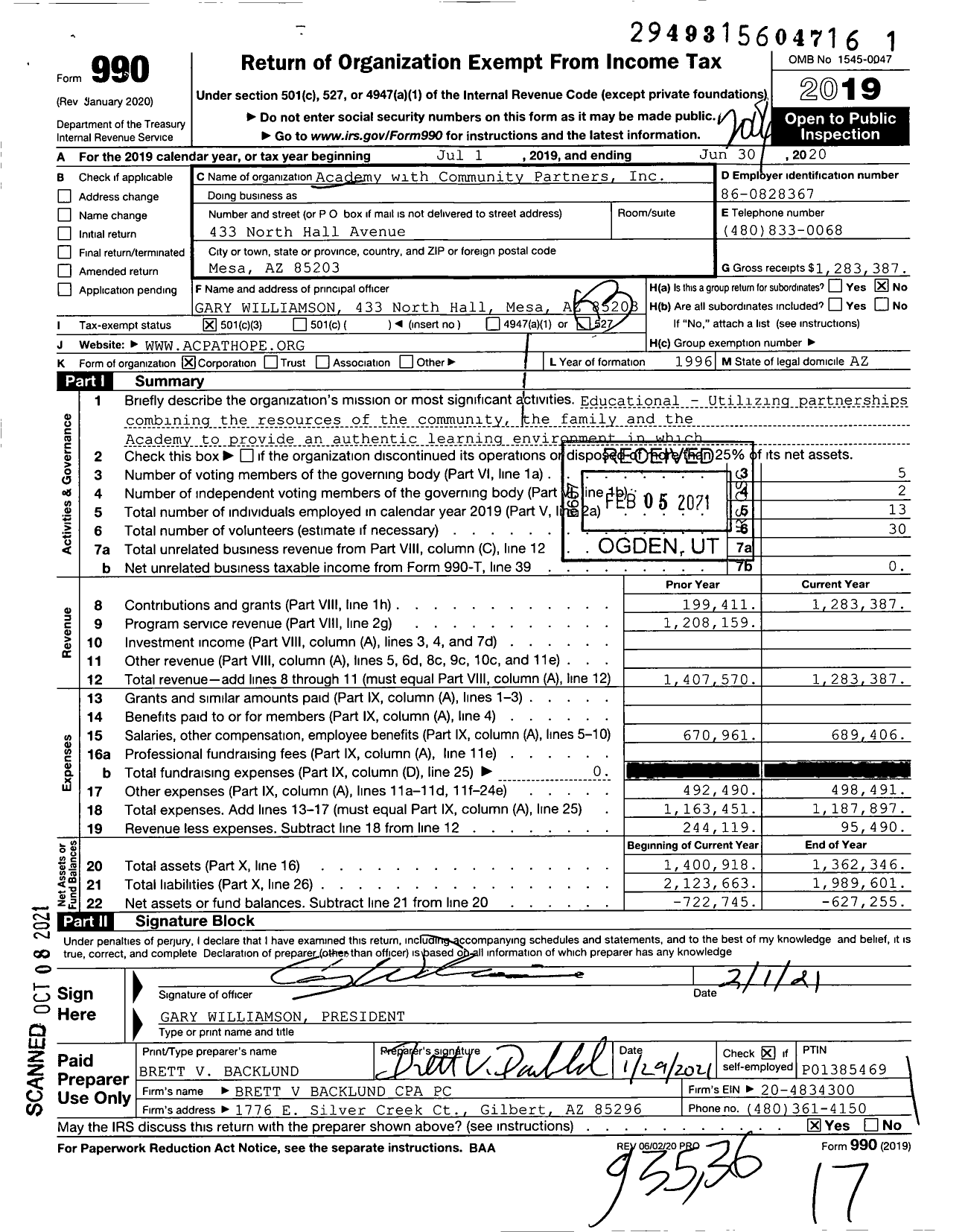 Image of first page of 2019 Form 990 for Academy with Community Partners