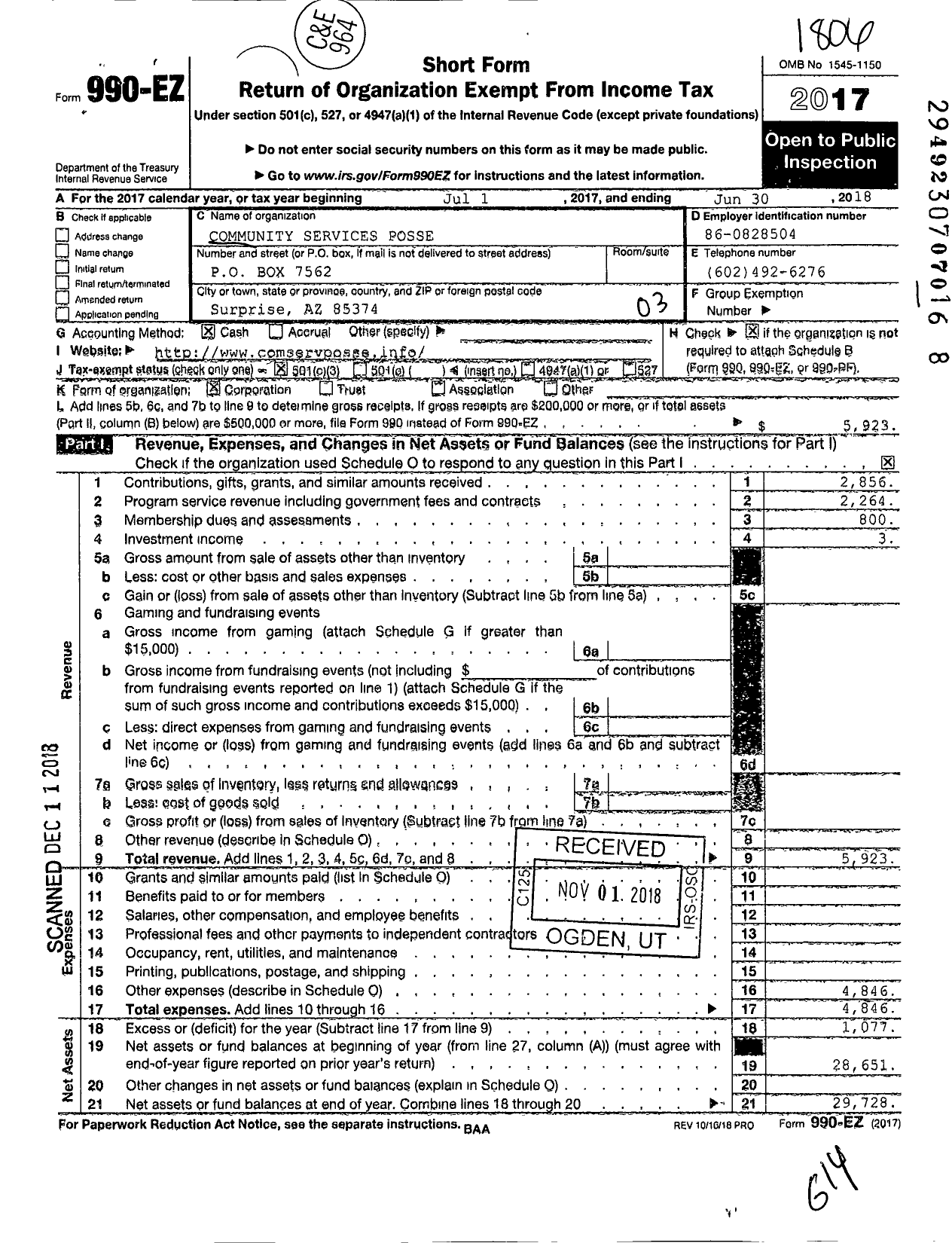 Image of first page of 2017 Form 990EZ for Community Services Posse