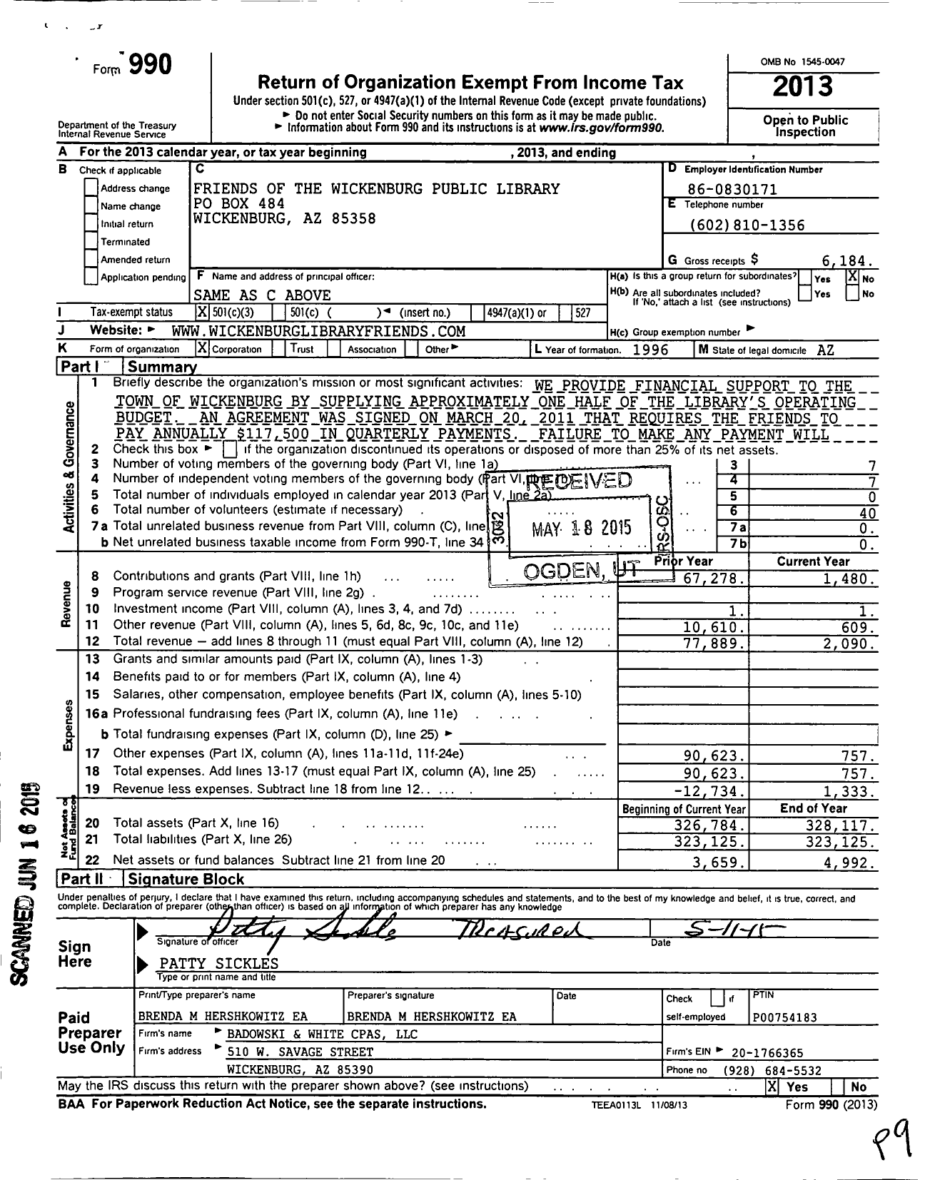 Image of first page of 2013 Form 990 for Friends of the Wickenburg Public Library