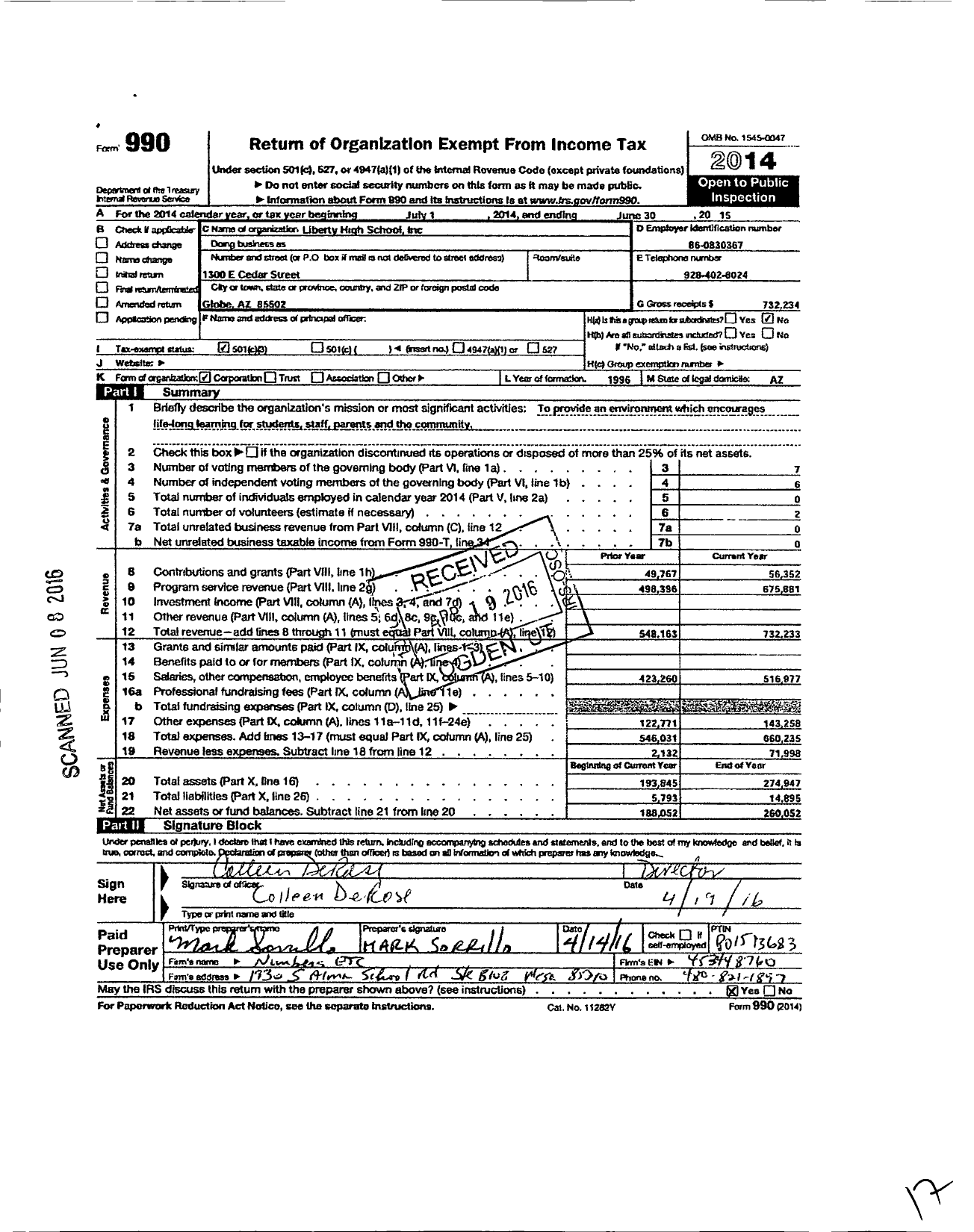 Image of first page of 2014 Form 990 for Liberty High School