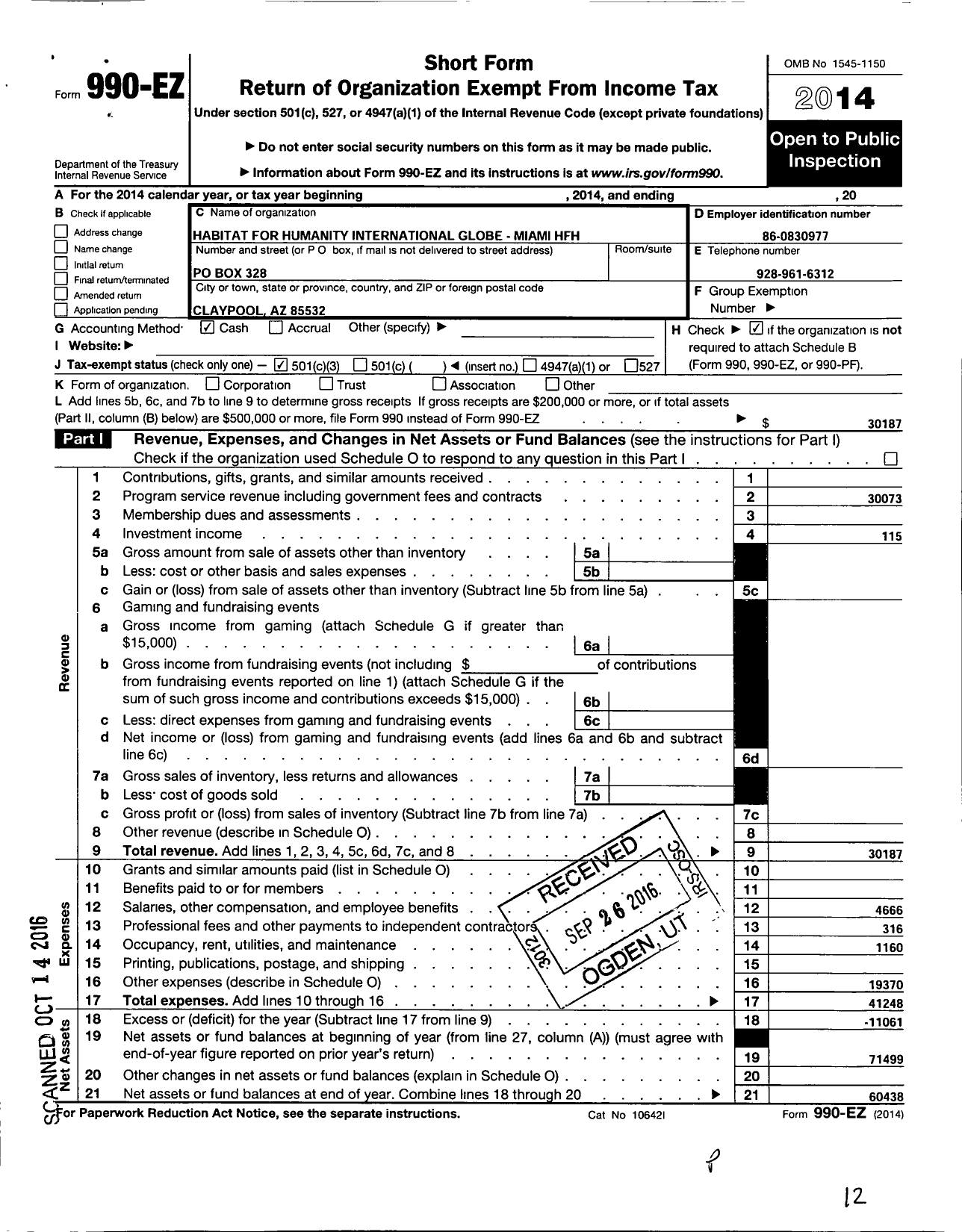 Image of first page of 2014 Form 990EZ for Habitat for Humanity - Globe-Miami HFH