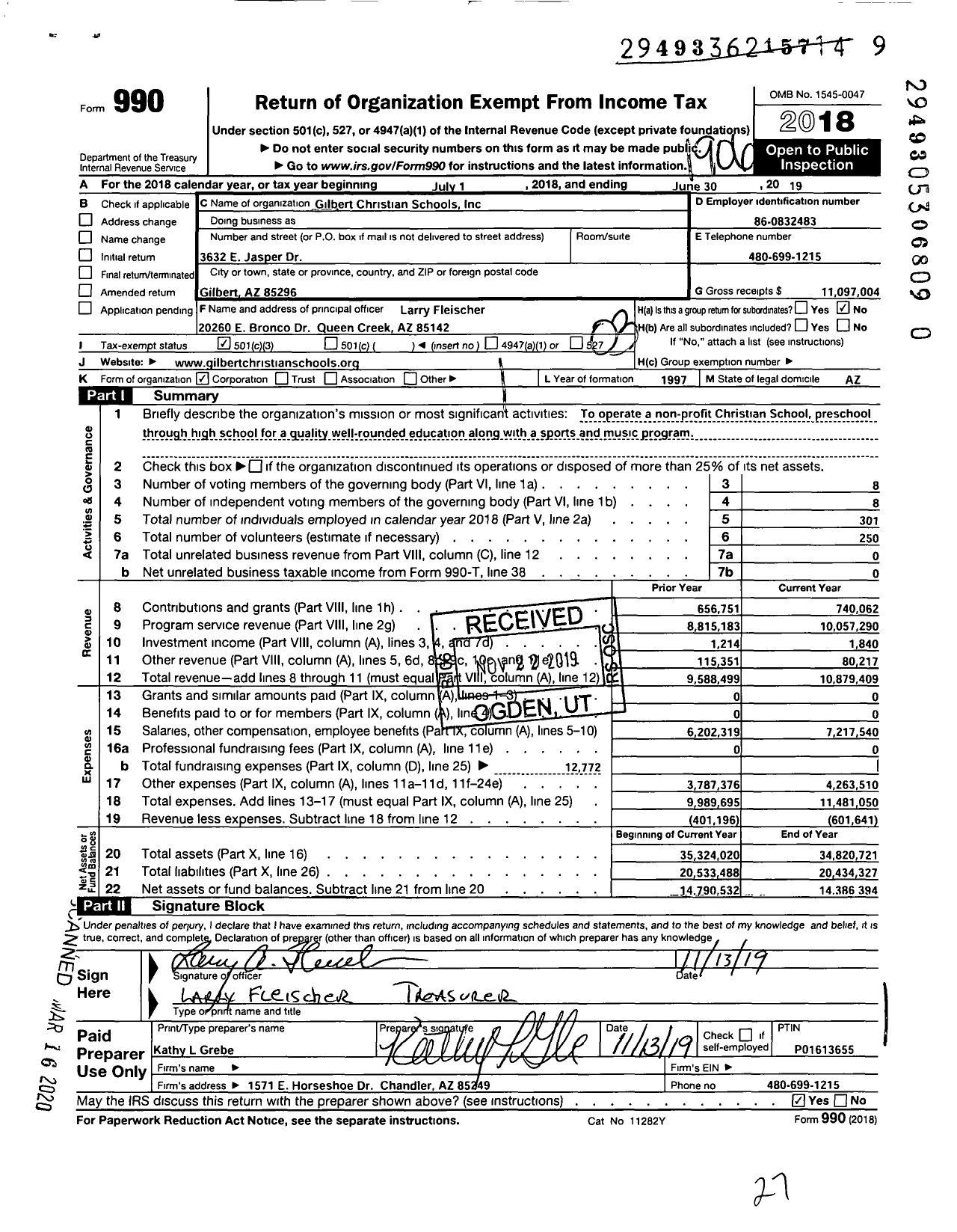 Image of first page of 2018 Form 990 for Gilbert Christian Schools (GCS)