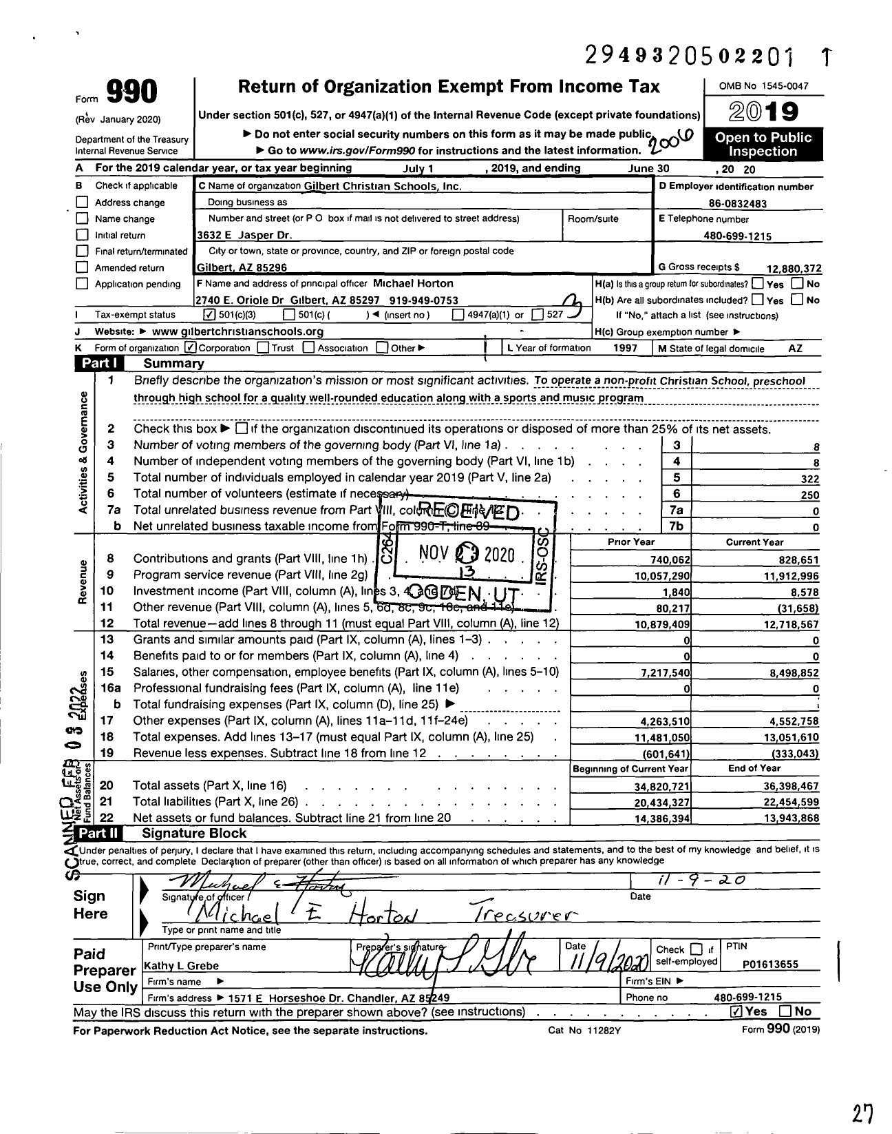 Image of first page of 2019 Form 990 for Gilbert Christian Schools (GCS)