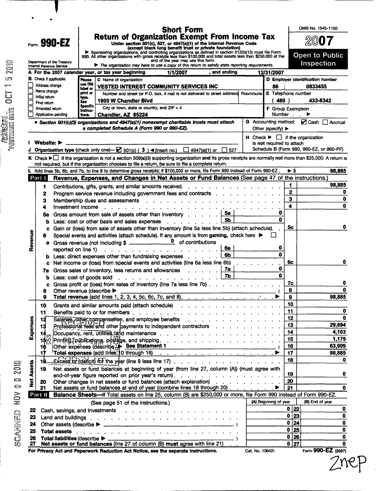 Image of first page of 2007 Form 990EZ for Vested Interest Community Services