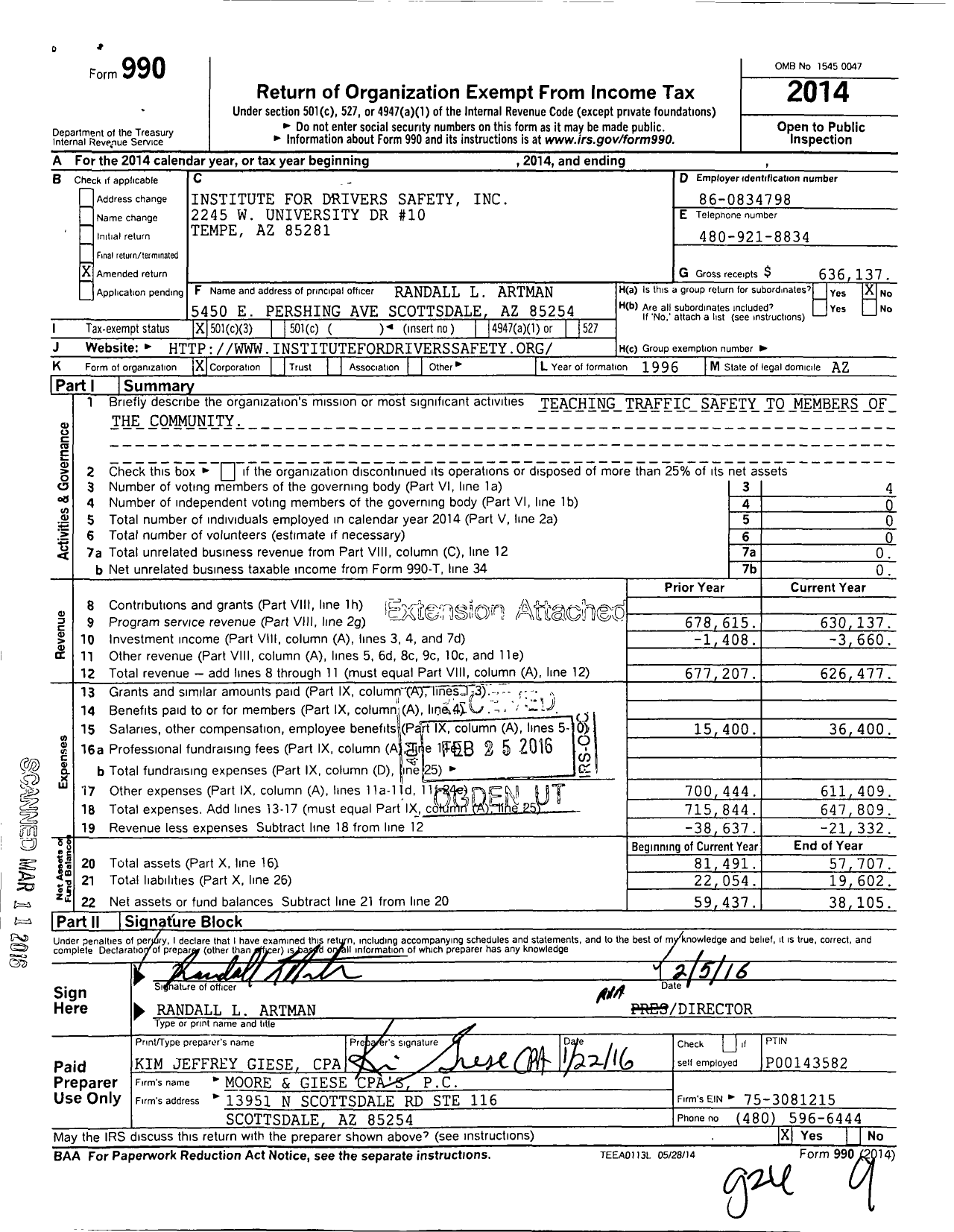 Image of first page of 2014 Form 990 for Institute for Drivers Safety