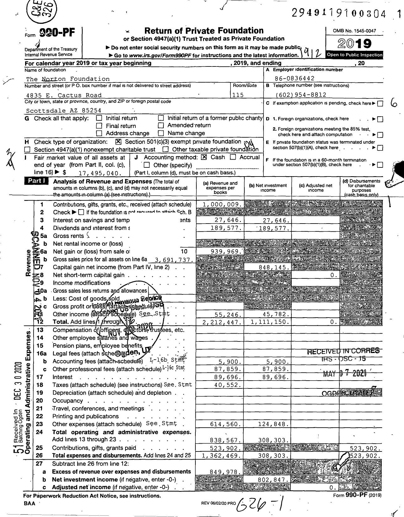 Image of first page of 2019 Form 990PF for The Norton Foundation