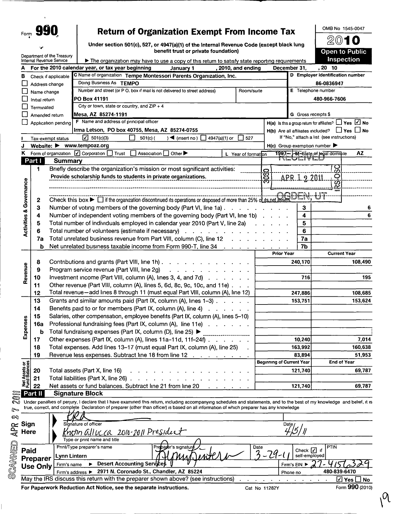 Image of first page of 2010 Form 990 for Tempe Montessori Parents Organization (TEMPO)