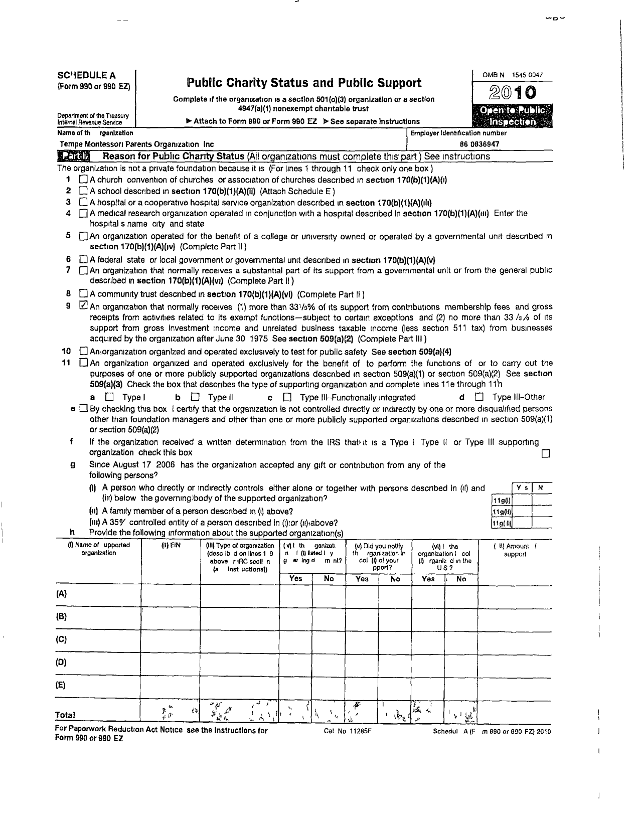 Image of first page of 2010 Form 990R for Tempe Montessori Parents Organization (TEMPO)