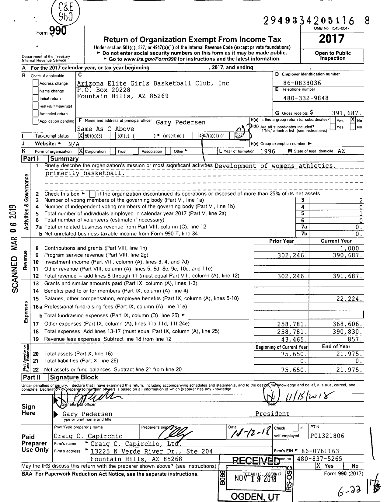 Image of first page of 2017 Form 990 for Arizona Elite Girls Basketball Club