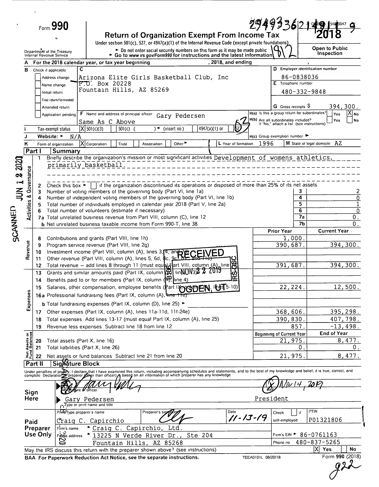 Image of first page of 2018 Form 990 for Arizona Elite Girls Basketball Club