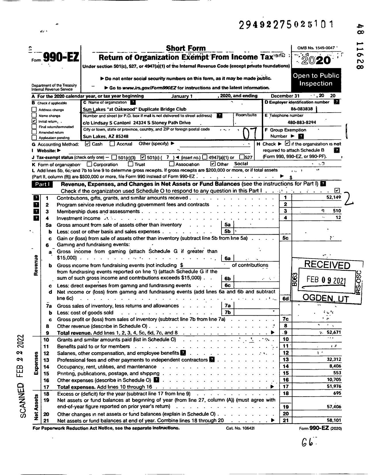 Image of first page of 2020 Form 990EO for Sun Lakes Acbl Duplicate Bridge Club